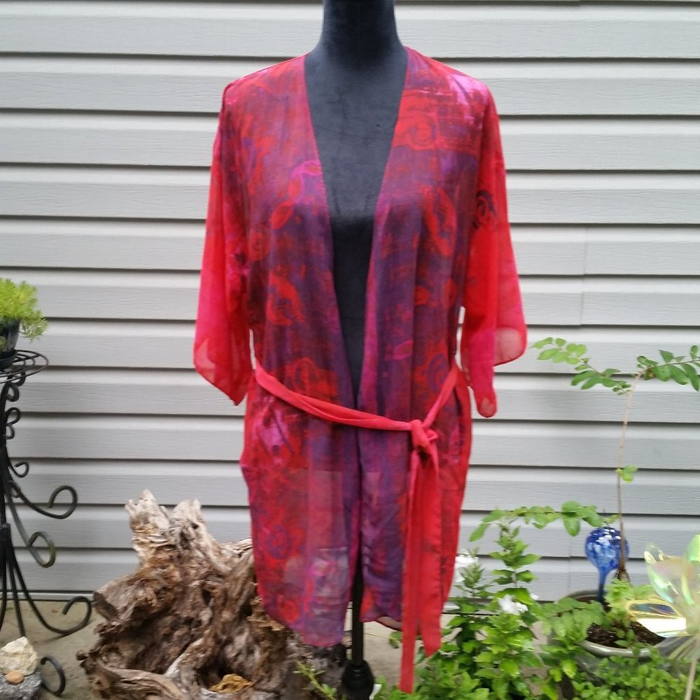 CALIFORNIA DYNASTY SIZE S RED PURPLE & PINK KIMONO, SWIMSUIT COVER UP, ROBE